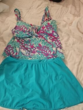 Kim Rogers Women's Plus Turquoise Floral Two-Piece Swim Set
